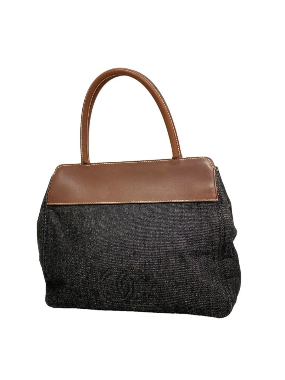 Chanel Tote Bag Denim Leather Black Brown Silver